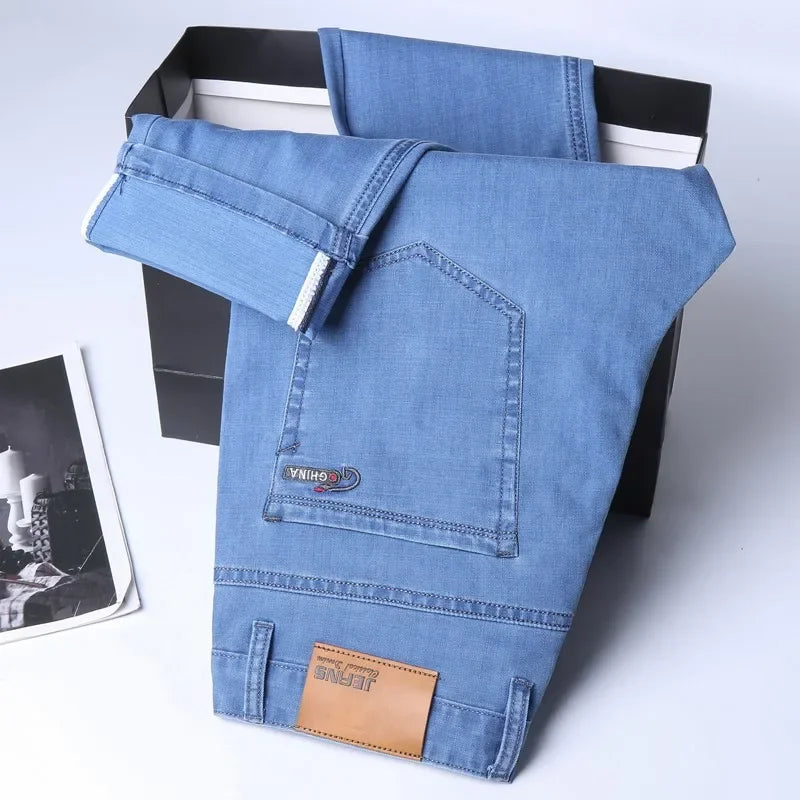 Men's Blue Straight Denim Jeans Lightweight Casual Trousers