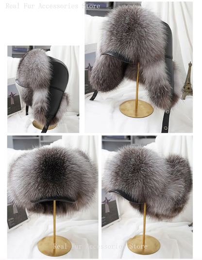 Men's Real Silver Fox Fur Bomber Hat