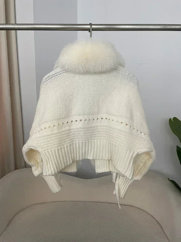 Knitted Cardigan Coat for Women with Real Fox Fur