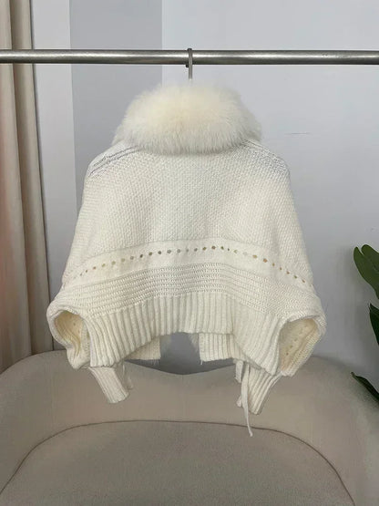 Knitted Cardigan Coat for Women with Real Fox Fur