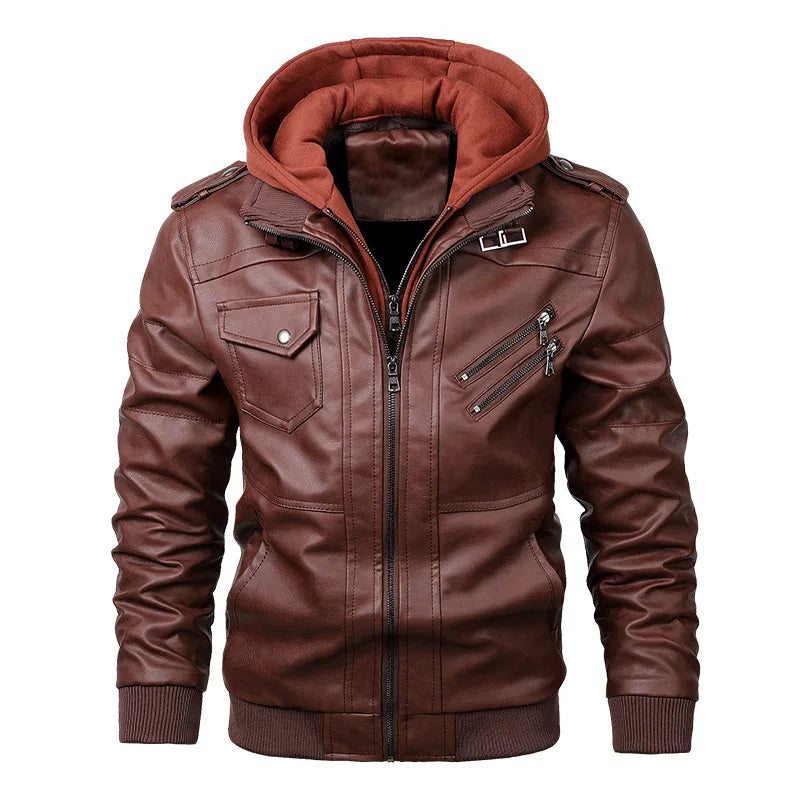 Men's Faux Leather Motorcycle Jacket with Detachable Hood