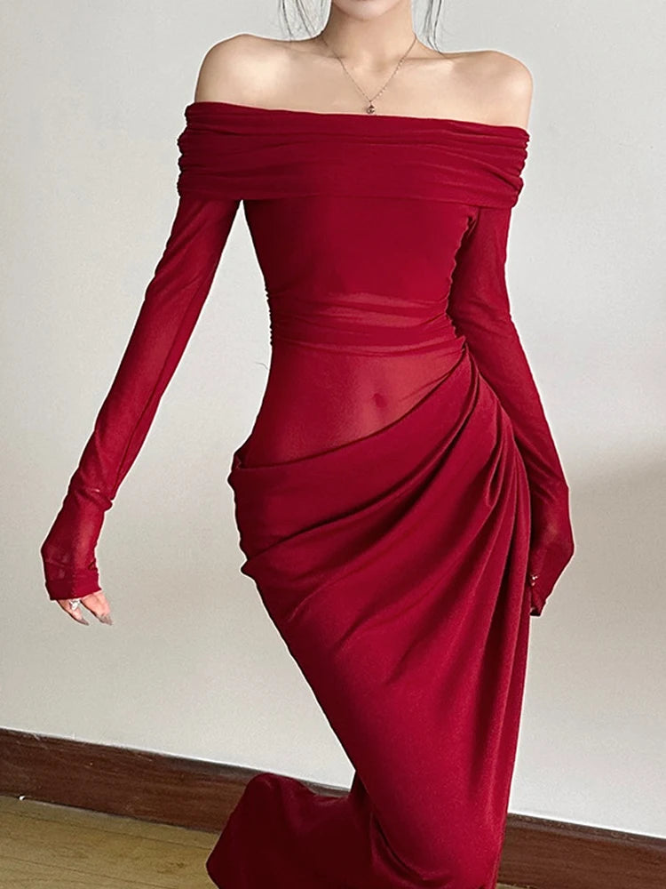 Elegant Slash Neck Ruched Mesh Dress for Women