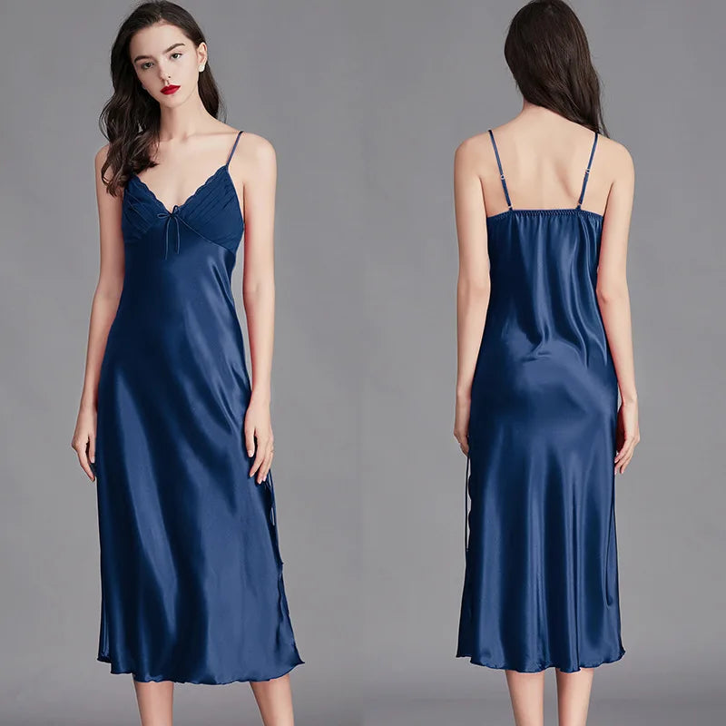 Long Sleeveless Satin Silk Nightgown for Women