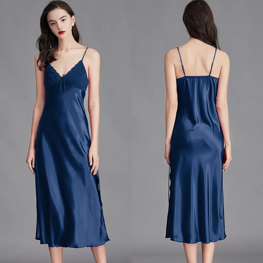 Long Sleeveless Satin Silk Nightgown for Women