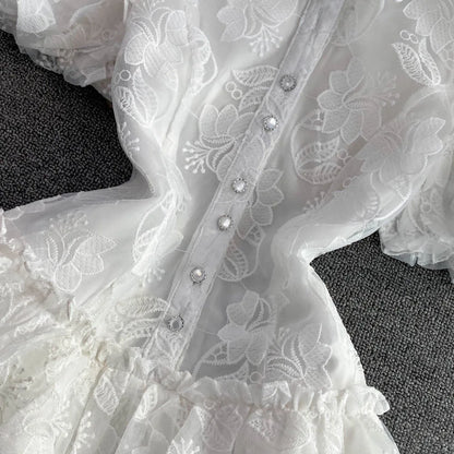 Women Vintage Lace Mini Dress with Puff Sleeves