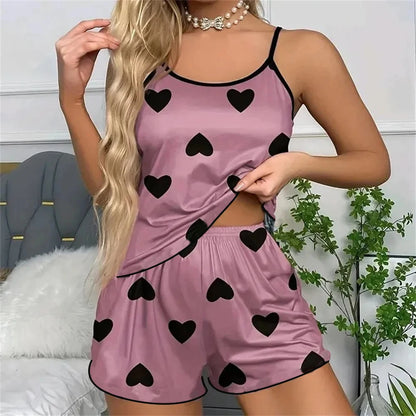 Women's Pink Heart Print Pajama Set Shorts Ice Silk
