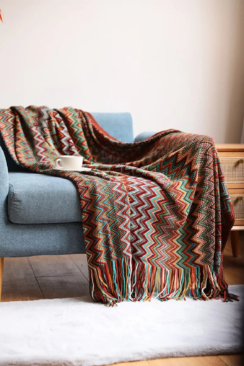 Bohemian Acrylic Hand Knitted Blanket with Tassels
