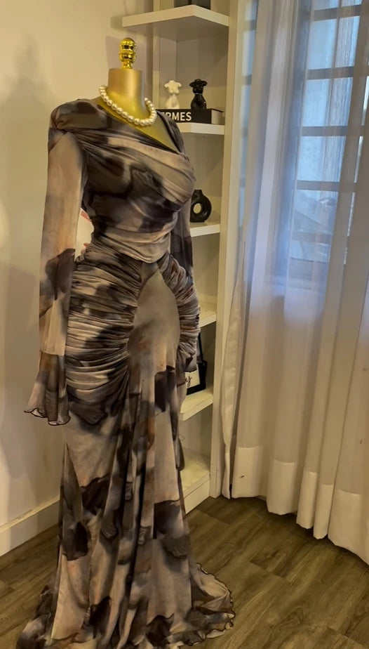 Women Tie Dye Maxi Dress with Skew Neck and Flare Sleeves