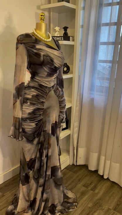 Women Tie Dye Maxi Dress with Skew Neck and Flare Sleeves