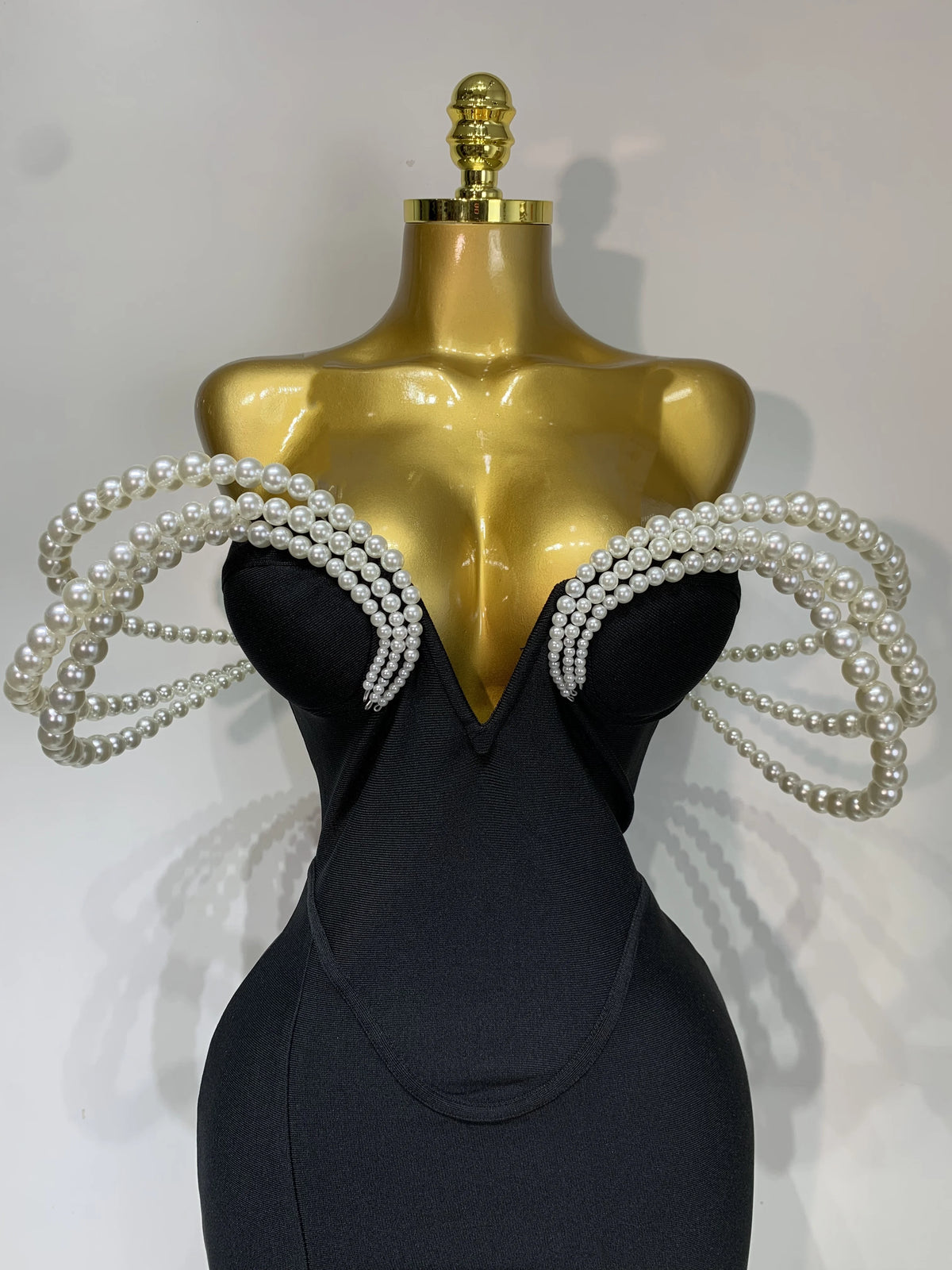 Women V Neck Maxi Bandage Dress with Pearls