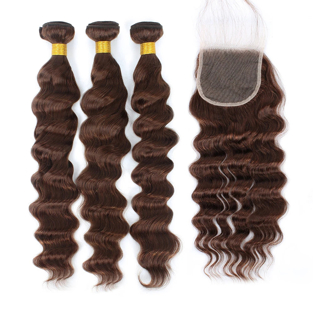 Chocolate Brown Loose Wave Human Hair Bundles with Closure