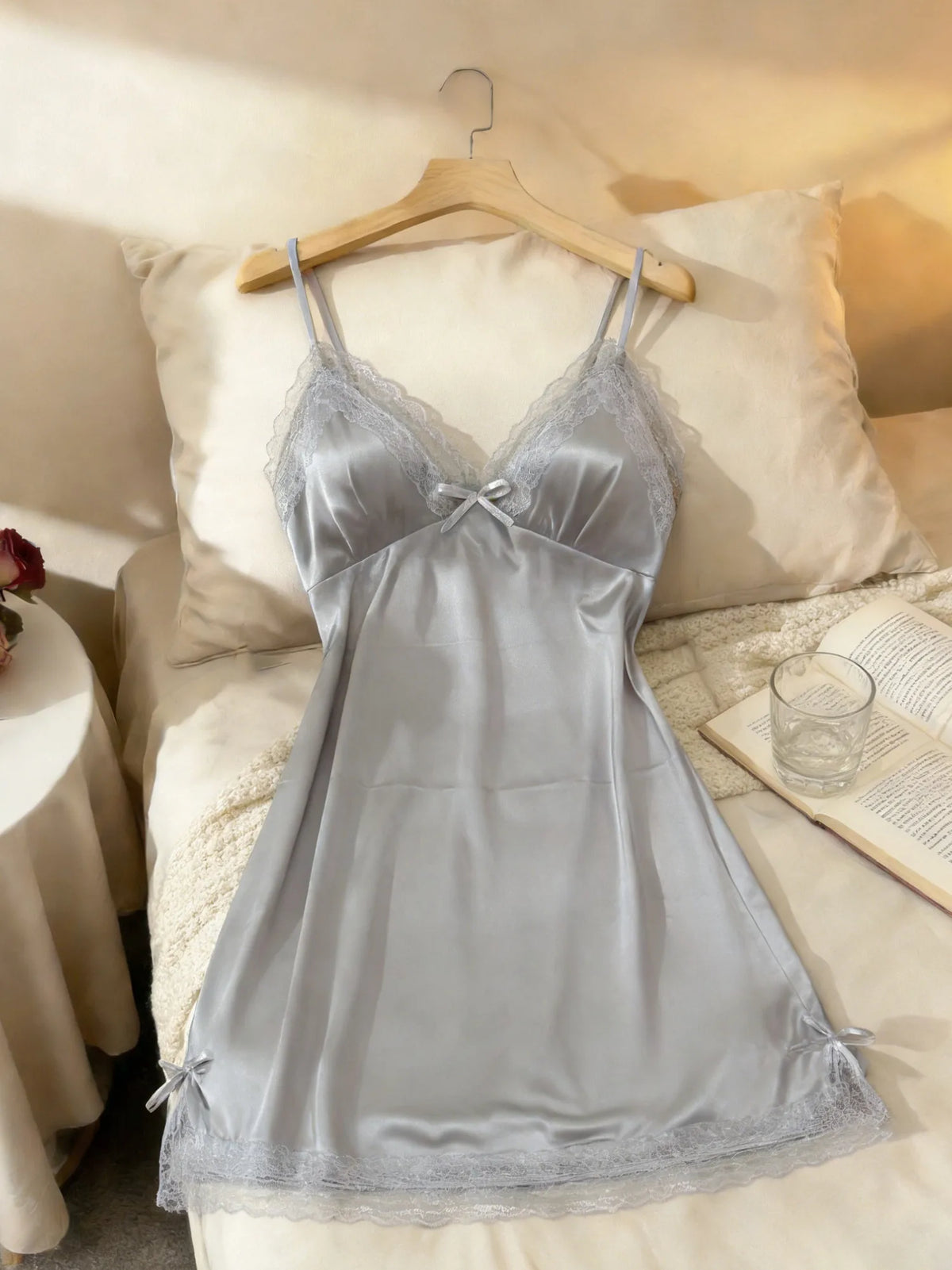 Women Lace Trim V Neck Camisole Nightgown