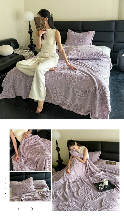 Coral Fleece Autumn Blanket with 3D Butterflies