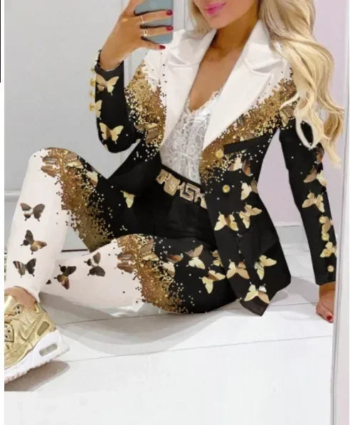 Paisley Butterfly Blazer Suit and Pants Set for Women