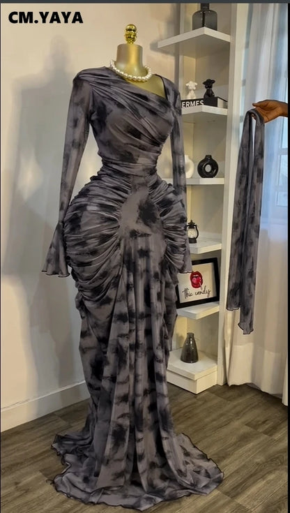 Women Tie Dye Maxi Dress with Skew Neck and Flare Sleeves