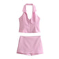 Women Summer 2 Piece Set V-Neck Backless Zipper Top