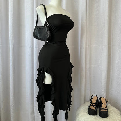 Women Strapless Floral High Slit Mini Dress Black Pink
