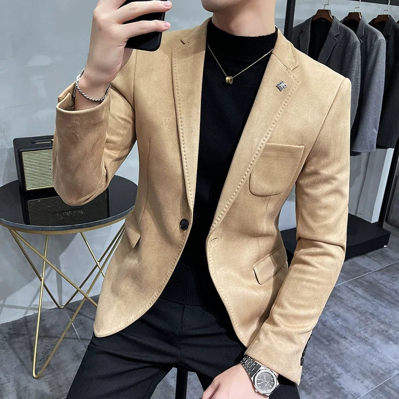 Men's Deerskin Fleece Blazer Single Button Suit Coat