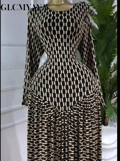 Women Plaid Long Sleeve Maxi Dress Polyester A-Line