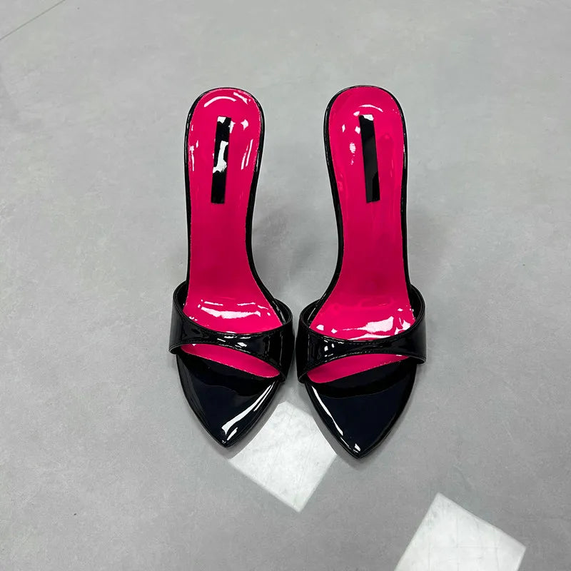 Patchwork Stiletto Heel Slippers Open Toe Thin Heels