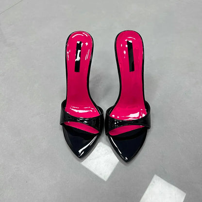 Patchwork Stiletto Heel Slippers Open Toe Thin Heels