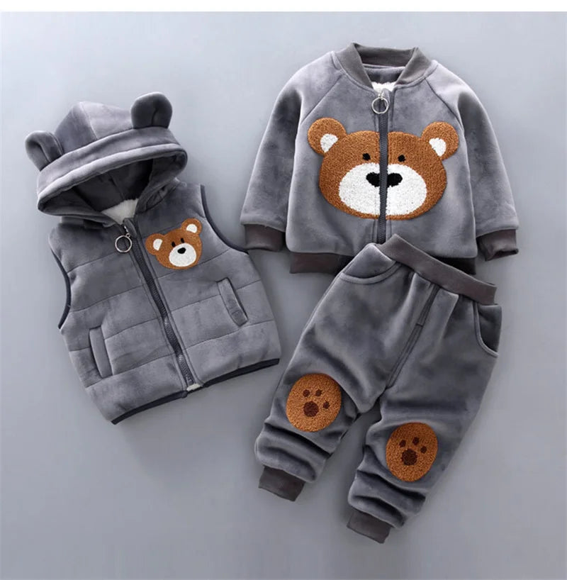 Kids Cotton Thick Warm Hooded Sweater Set Pink Grey