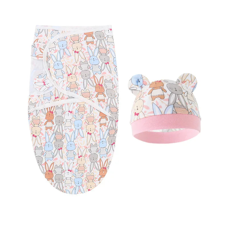 Cartoon Printed Cotton Baby Blanket Hat Set