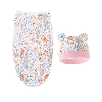 Cartoon Printed Cotton Baby Blanket Hat Set