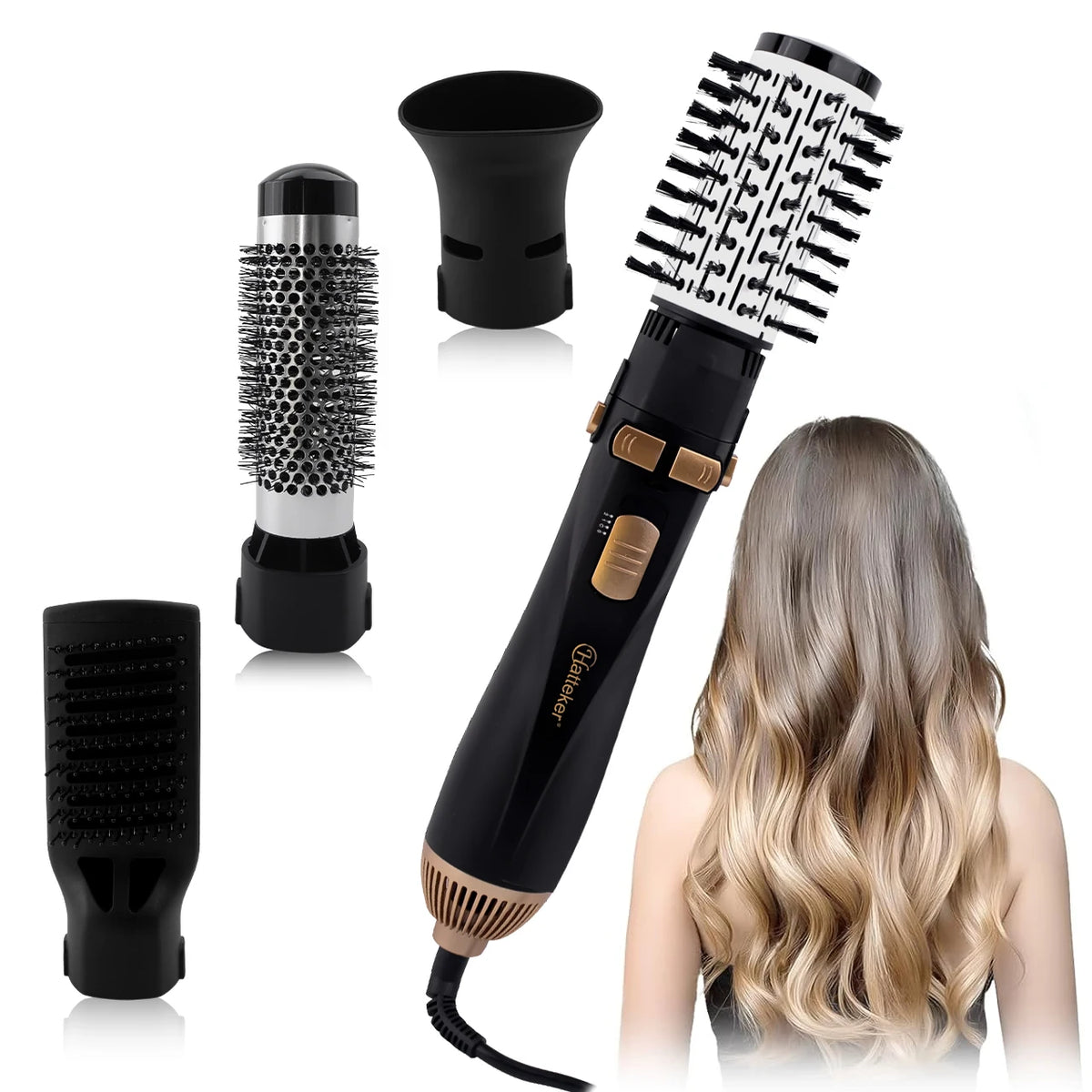 Hatteker 4-Head Hot Air Brush Hair Dryer and Straightener