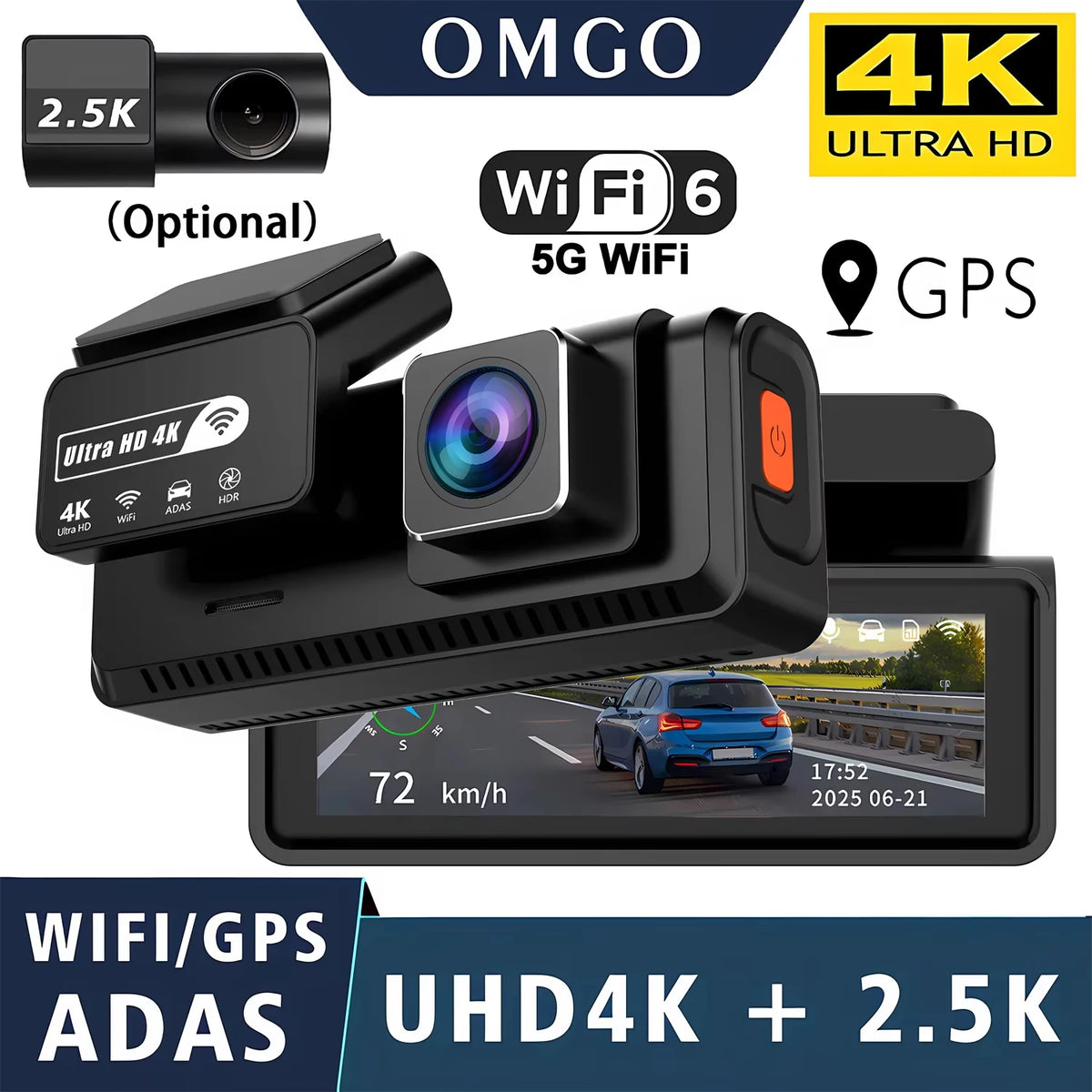 ADAS Dash Cam 4K 2.5K GPS WiFi Night Vision Mini