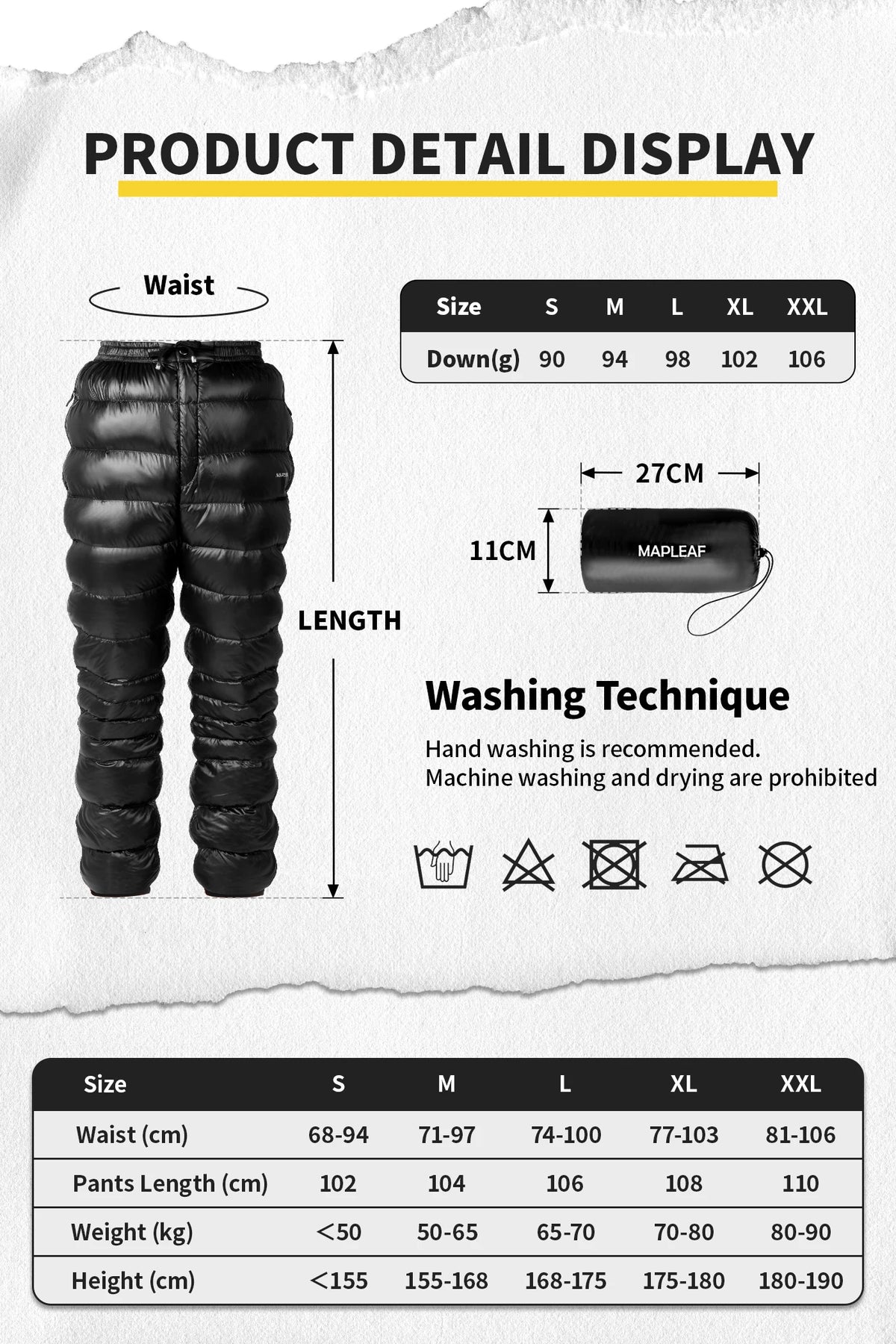 Mapleaf Ultralight Down Pants Waterproof Windproof Ski Trousers