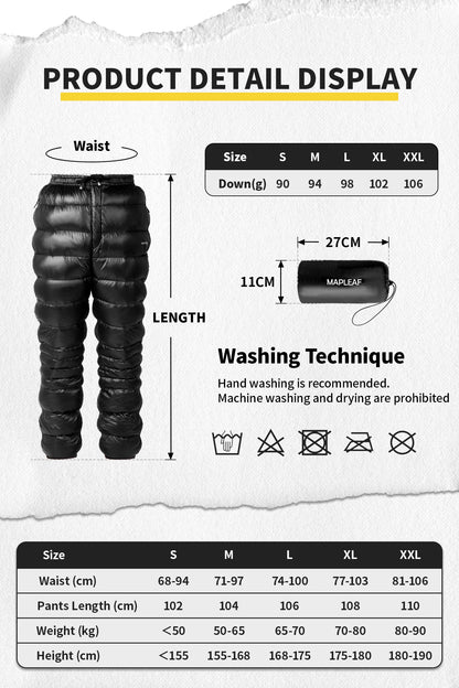 Mapleaf Ultralight Down Pants Waterproof Windproof Ski Trousers