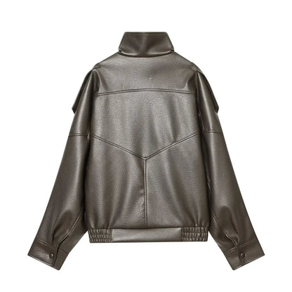 Black Long Sleeve Faux Leather Motorcycle Jacket