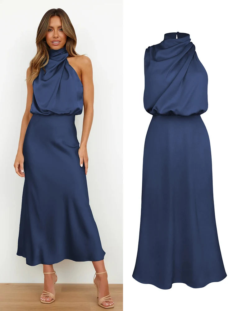 Elegant Silk Satin Sleeveless Long Dress for Women