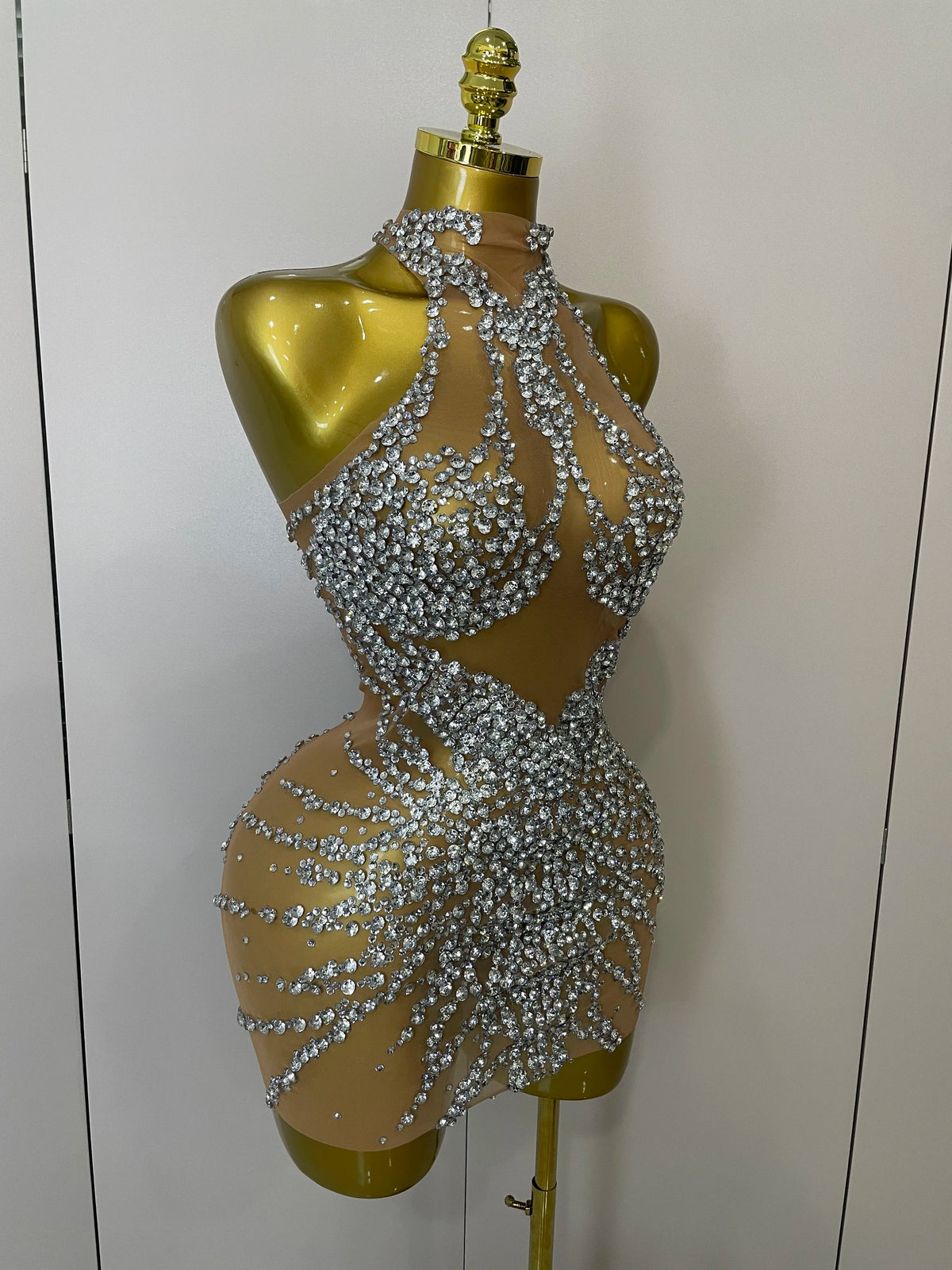 Sparkly Rhinestones Mesh See Through Dress for Women