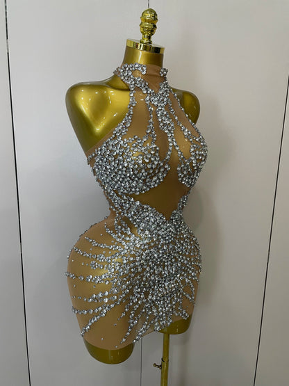 Sparkly Rhinestones Mesh See Through Dress for Women