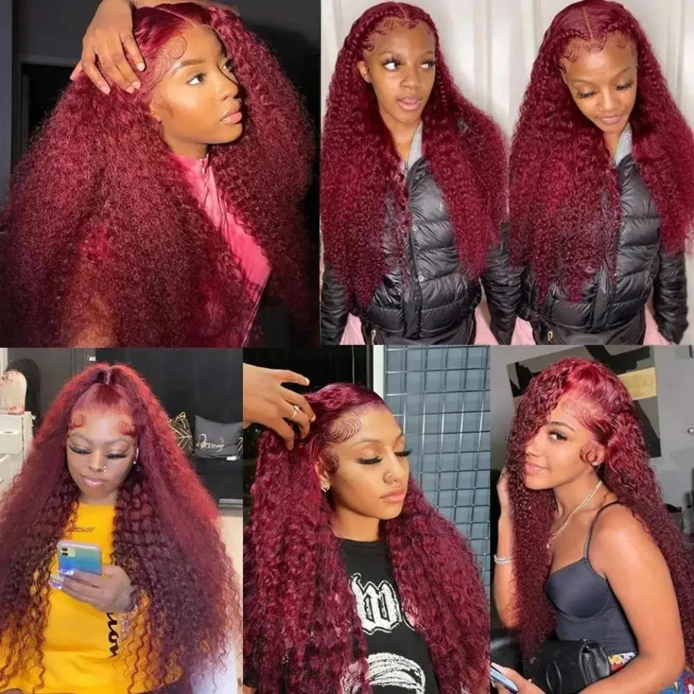 HD Transparent Lace 200 Density Deep Wave Wig 99j Burgundy