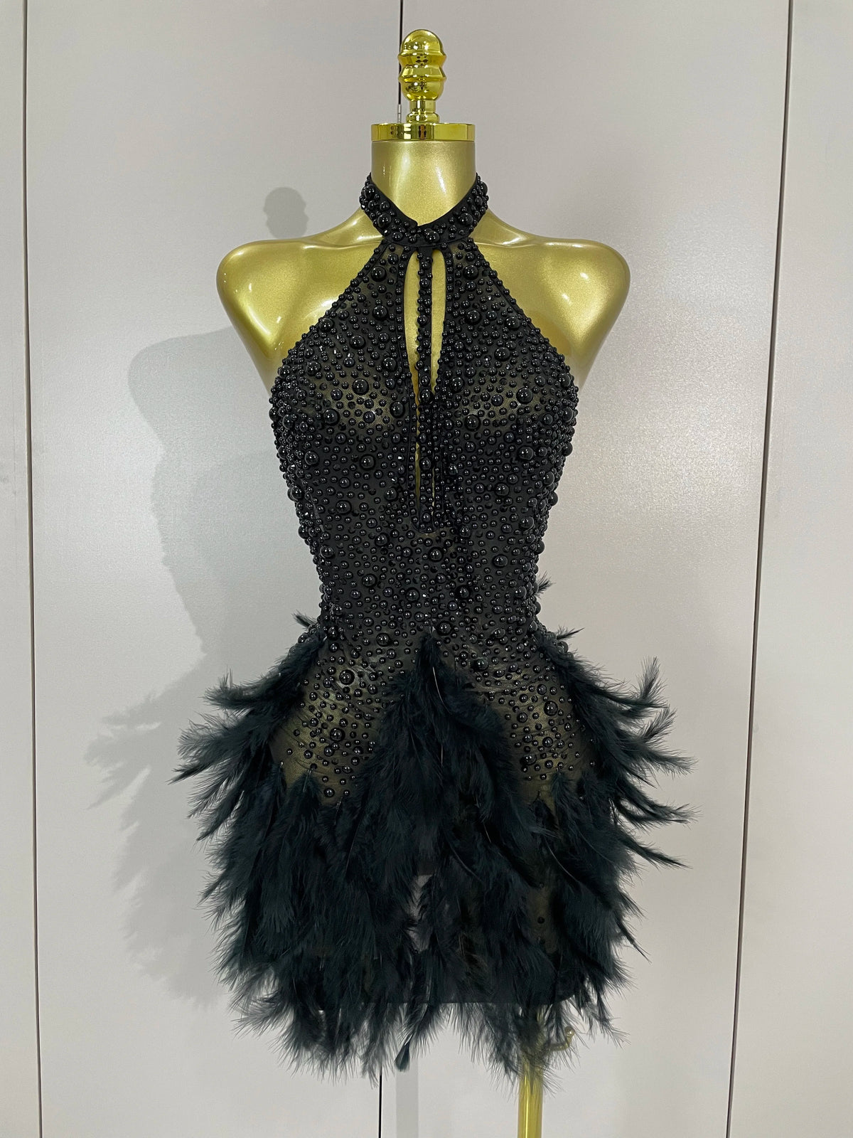 Luxury Rhinestones Pearls Feathers Halter Backless Dress
