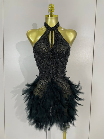 Luxury Rhinestones Pearls Feathers Halter Backless Dress