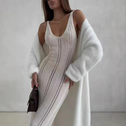 Thick Knee Length Open Knit Coat for Women