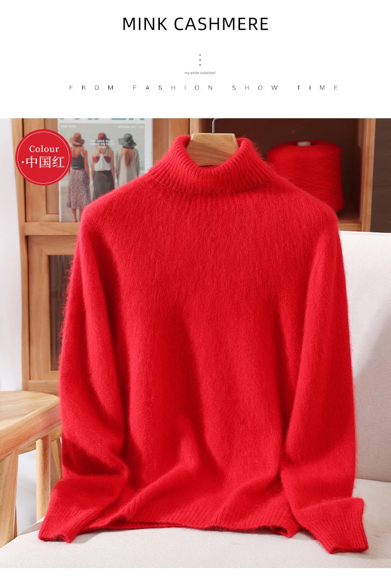 Mink Fur High Collar Pullover Sweater for Women