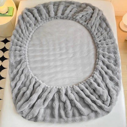 Fluffy Plush Fitted Bed Sheet Rabbit Fleece Solid Color