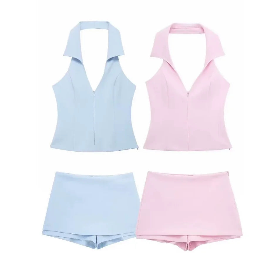 Women Summer 2 Piece Set V-Neck Backless Zipper Top