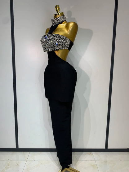 Black Bodycon Bandage Dress with Sparkly Crystals