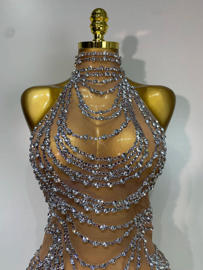 Sparkly Rhinestone Transparent Mesh Long Dress