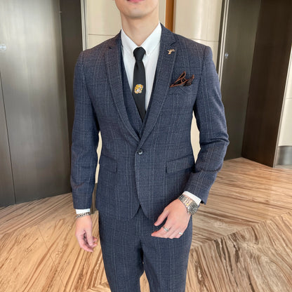 Modified Plaid Three-Piece Suit for Men