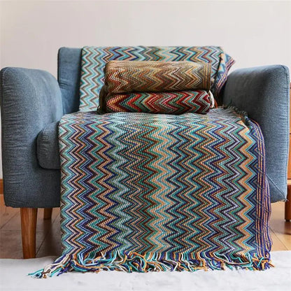 Bohemian Acrylic Hand Knitted Blanket with Tassels