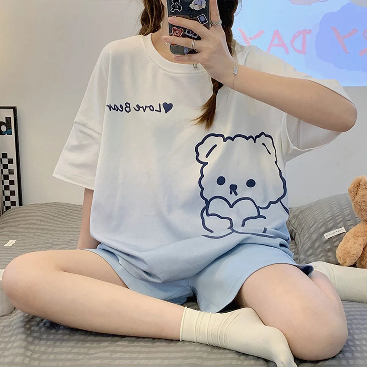 Women's Cartoon Bear Pajamas Set Summer Casual Sleepwear