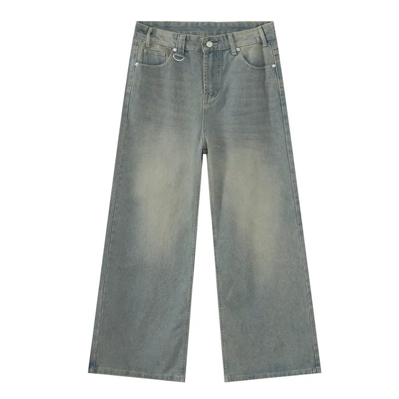 IEFB Vintage Camouflage Men's Loose Denim Jeans Old Blue