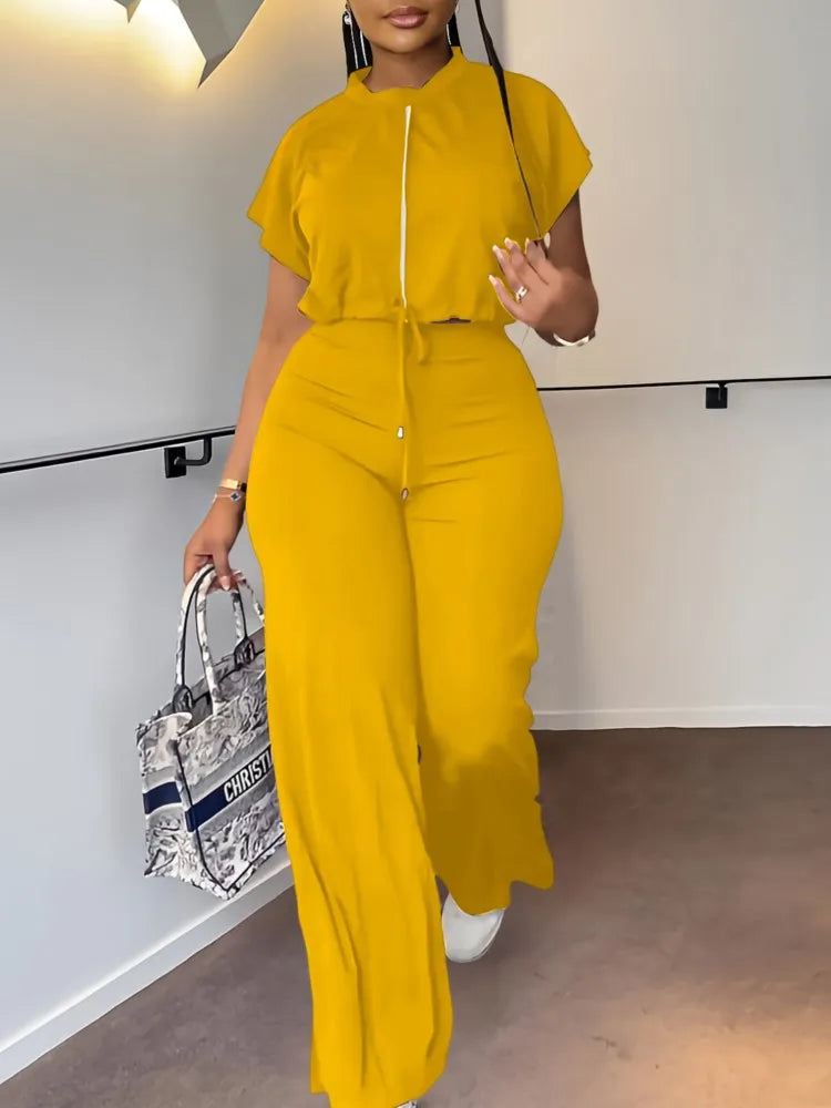 Women Casual Short Sleeve Drawstring Top and High Waist Pants Set